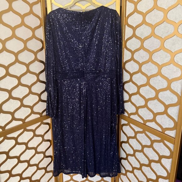 Ieena For Mac Duggal Size 16 Navy Sequin Long Sleeve Cocktail Faux Wrap Dress - Picture 7 of 16